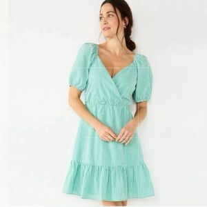 Draper James RSVP green gingham seersucker puff sleeve dress, medium